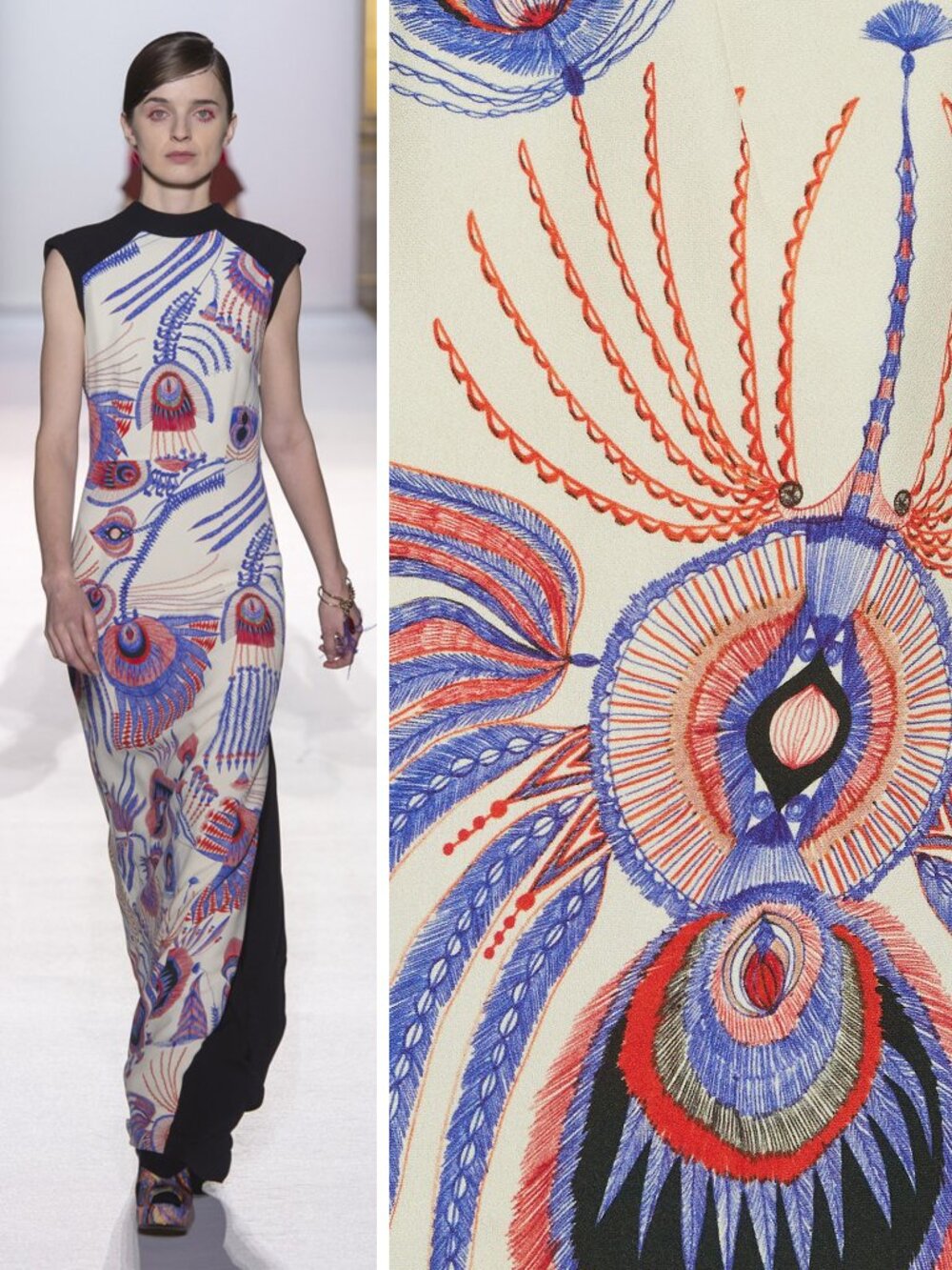 Dries van Noten 2018 Collection Cream Peacock Print Size 36 Maxi Dress
